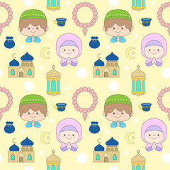 Sweet Seamless Ramadan Pattern with Muslim Kids and Elements Background