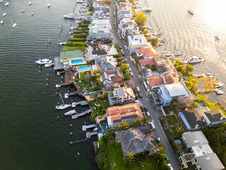 Sydney, Australia: Aerial view of the Birchgrove affluent suburb with properties with their own yacht pier in Sydney in Australia