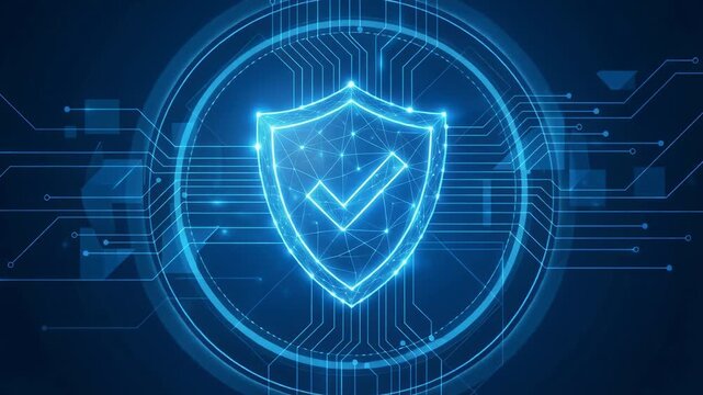 Digital blue glowing shield with checkmark symbol representing cybersecurity protection and data safety concept