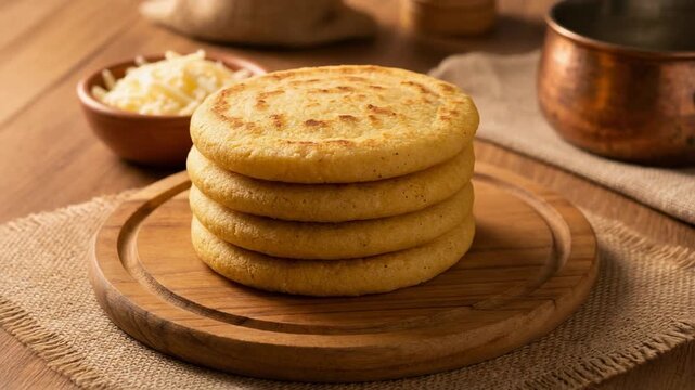 Traditional arepas stacked on wooden board with cheese and rustic kitchen background
