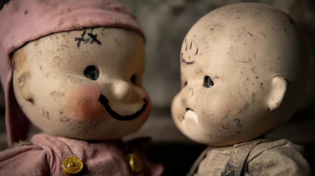Vintage dolls with simple expressions on their faces sitting closely together in old setting during daylight