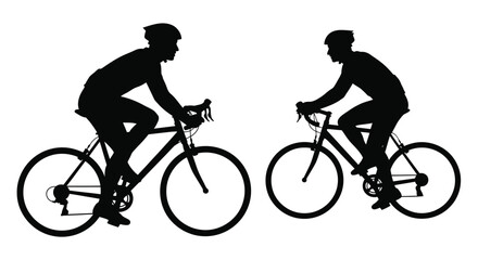Naklejka premium Two cyclists riding road bikes facing each other in silhouette
