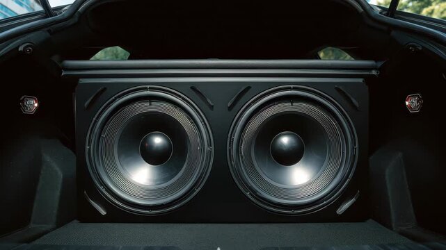 Large speakers in the trunk of a car ready for a music event or outdoor gathering during daylight hours