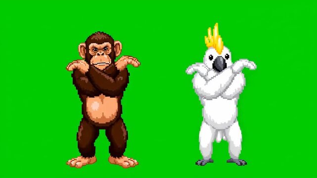 Pixel Art Chimpanzee and Cockatoo Dancing Synchronized Macarena on Chroma Key