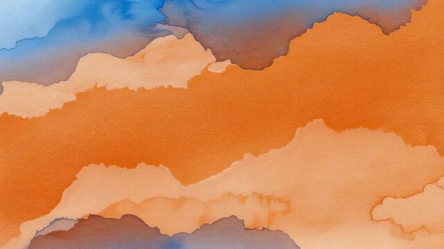 Abstract watercolor painting in orange and blue tones. Blurred cloud like shapes. Dynamic flowing liquid texture for banner.