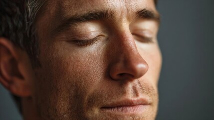 Obraz premium Close-up portrait of a man's face. his eyes are closed and his head is tilted slightly to the side. he appears to be in a peaceful and relaxed state.