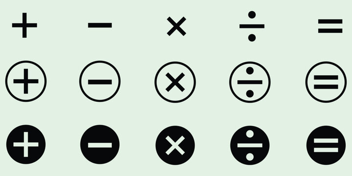 Mathematical Operations Icons: Plus, Minus, Multiply, Divide, and Equals Signs