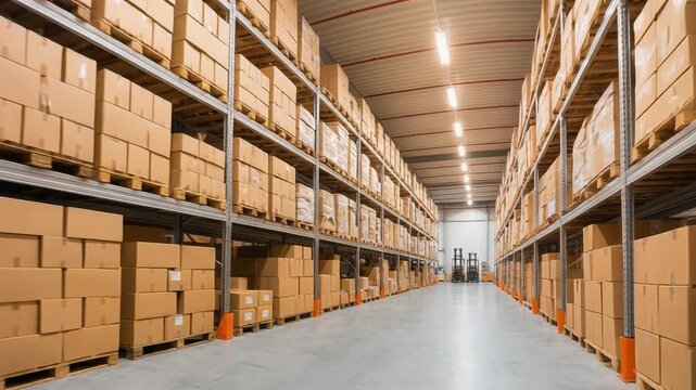 Large modern warehouse interior with stacks of cardboard boxes on metal shelves and forklifts in the distance