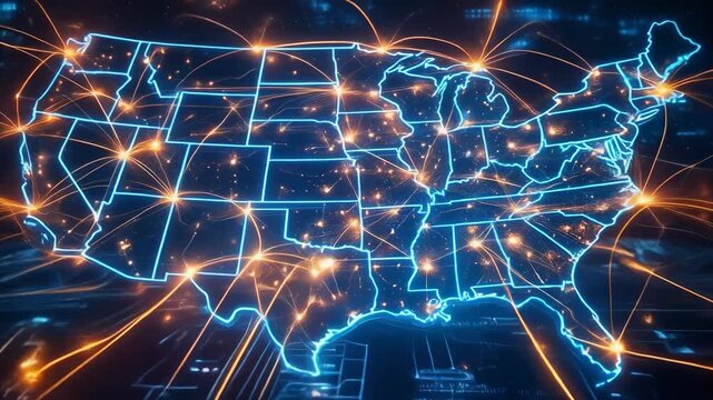 Digital map of United States with glowing connections representing network and communication technology
