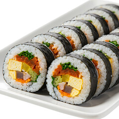 Close-up of Sliced Korean Kimbap Sushi Rolls on a White Dish Background Removal