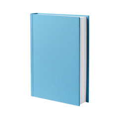 Naklejka premium A single light-blue hardcover book stands upright, showcasing its front cover and pages