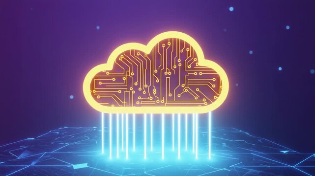 Cloud computing technology with glowing circuit board and digital data transfer - 4k video