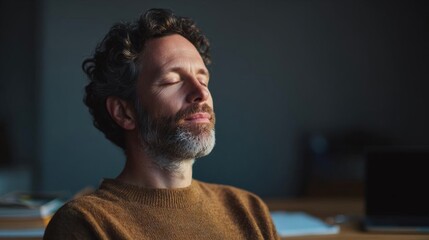 Close-up portrait of a middle-aged man with curly hair and a beard. he is sitting in front of a desk with a laptop and some papers on it.