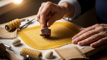 Hands Crafting Beeswax Sheet with Floral Stamp for Candle Making Project