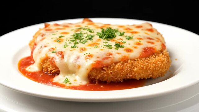 Appetizing Chicken or Veal Parmigiana Cutlet with Melted Mozzarella Cheese and Rich Tomato Sauce, Garnished with Parsley on a White Plate.