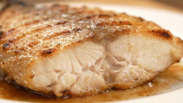 Extreme Close-up of a Perfectly Seared White Fish Fillet with Golden Crust and Flaky Texture Resting in Sauce on a Plate