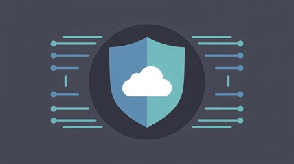 A blue and green shield protects a white cloud, surrounded by digital data streams and information lines.