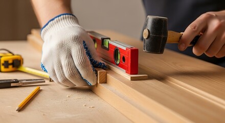 Handyman Working on Wooden Trim with Level and Hammer Close-up View
