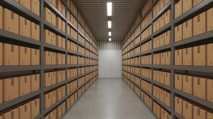 A long, brightly lit aisle in a vast warehouse features tall metal shelves stacked with numerous cardboard boxes.