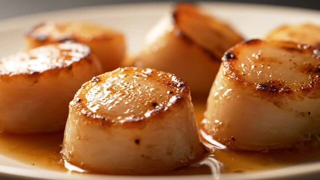 Macro shot of perfectly seared sea scallops served in brown butter sauce on a plate. Delicious gourmet seafood dinner.