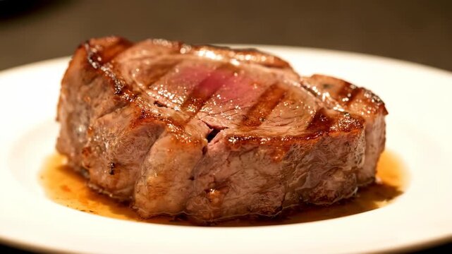 Steaming grilled beef steak served medium-rare on a white plate, showcasing perfect sear marks and rich meat juices, close-up view.