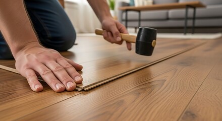 Installing laminate flooring in a modern living room renovation project