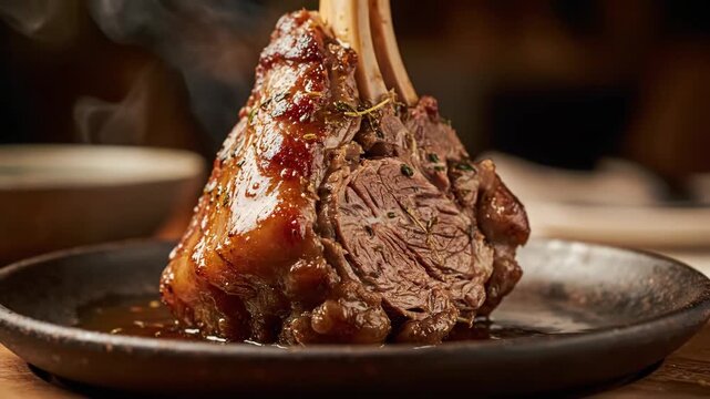 Steaming and savory roasted frenched rack of lamb or veal, glazed and seasoned with herbs, resting on a rustic dark plate. High-end gourmet meat dish.