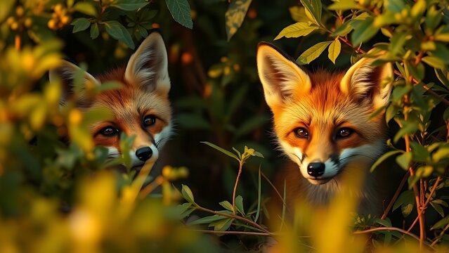 nitroglycerin. Two foxes peeking through dense foliage with playful expressions in golden light. wildlife magazines, conservation campaigns, designed for wildlife conservation campaigns.