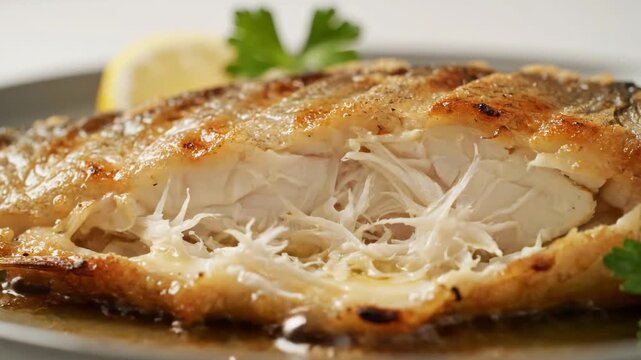 Macro Close-up of Crispy Pan-Fried White Fish Fillet Showing Flaky Texture and Moisture, Served with Garnish and Lemon Slice on a Restaurant Plate.
