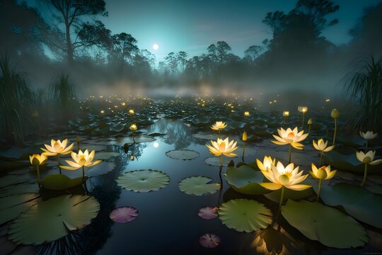 Mystical lotus pond at night glowing pink flowers misty swamp ancient trees blue fog moonlight