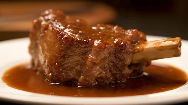 Close-up of Gourmet Braised Beef Short Rib Served on a White Plate with Rich Brown Gravy Sauce and Low-Key Restaurant Lighting