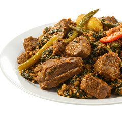 Close-up of Rich Beef Stew with Spinach and Peppers background removal