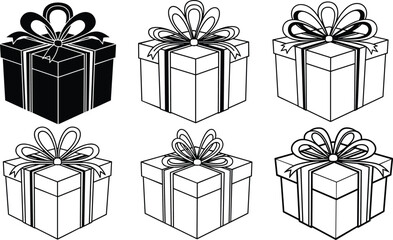 Obraz premium Gift box silhouettes set with ribbon and bow in black and white vector illustration isolated