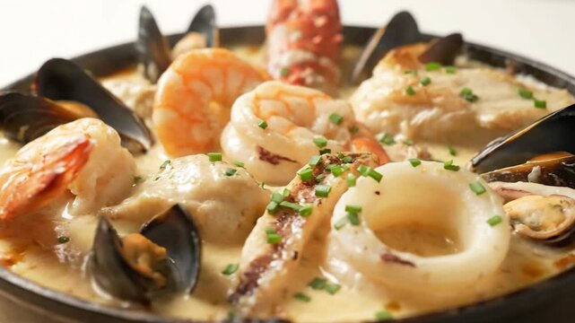 Gourmet Creamy Seafood Stew in a Rustic Bowl with Large Shrimp, Mussels, White Fish, and Lobster. Luxurious Bouillabaisse or Chowder Close-up.