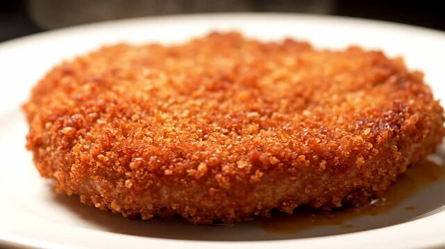 Extreme close-up of a crispy, deep-fried breaded cutlet (schnitzel or milanese) with golden brown panko crust texture detail served on a white plate.