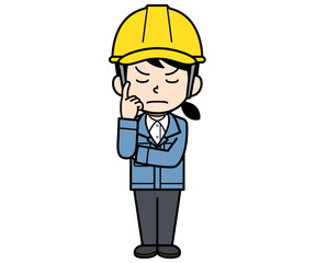 熟考するヘルメットをかぶった現場監督の女性