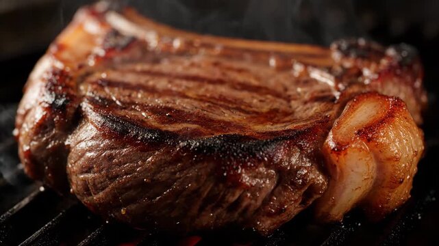 Extreme close-up view of a thick, juicy beef steak sizzling on a hot barbecue grill with smoke rising, perfect for gourmet and summer cooking themes.