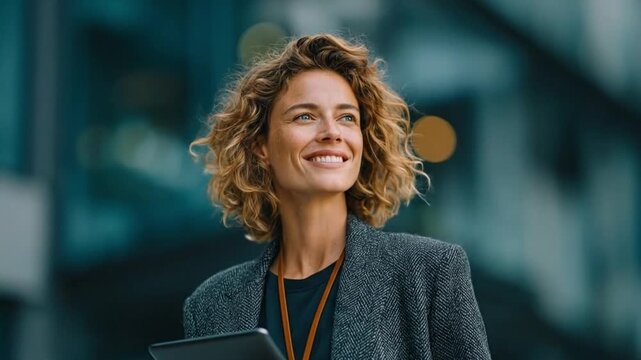  An elegantly dressed professional woman, radiating confidence and poise, strides purposefully through a modern cityscape, her gaze fixed on the horizon.