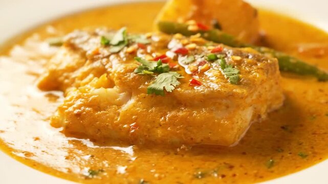 Gourmet Fish Curry Dish Served in Rich Orange Sauce, Garnished with Cilantro and Chili Flakes. Close-up Macro Shot of Savory Seafood Meal.