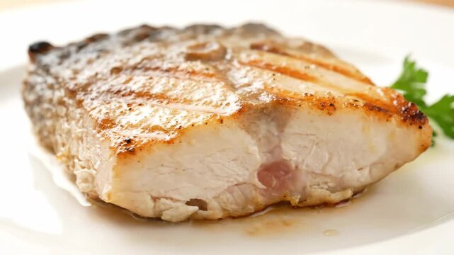Closeup of a freshly grilled white fish fillet steak with golden sear marks resting on a white plate, showcasing healthy, protein-rich, and delicious seafood cuisine.