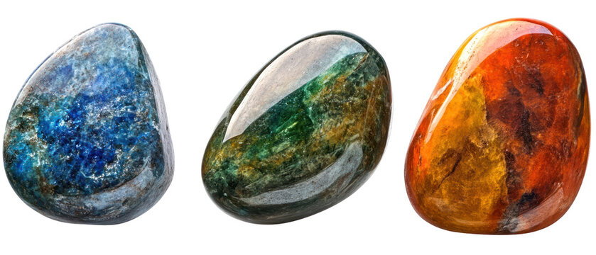 Three Polished Gemstones Displayed Against Transparent Background in Various Colors