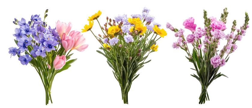 Three Colorful Flower Bouquets Isolated Against Transparent Background with Blue Pink Yellow and Purple Blossoms