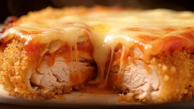 Extreme Close-up of Delicious Chicken Parmigiana or Schnitzel with Melted Mozzarella Cheese and Dripping Tomato Sauce, Revealing Juicy Tender Meat
