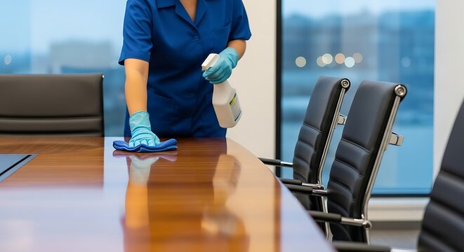 Person cleaning a conference table with gloves and a cloth