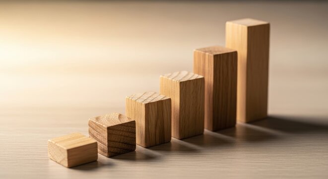 Ascending row of wooden blocks in soft light forming a minimalist bar chart, symbolizing growth, progress, performance and steady success

