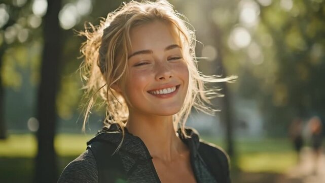  A young woman's face is illuminated by a warm, inviting smile, basking in the soft glow of sunlight. She embodies joy and serenity in a park setting. 