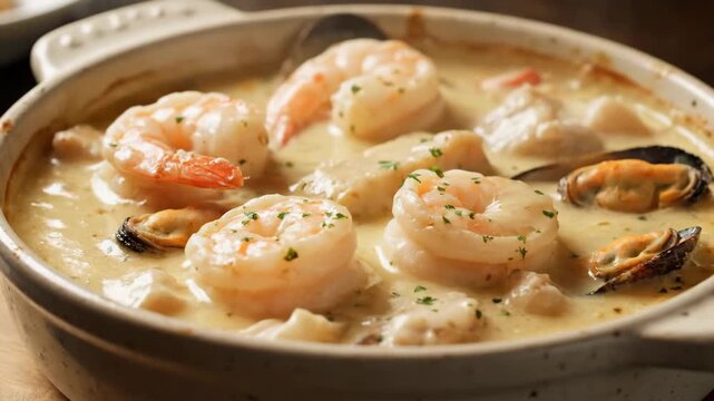 Close-up of Rich Creamy Seafood Chowder Served in a Rustic Bowl, Featuring Large Shrimp, Mussels, and White Fish Chunks Garnished with Parsley