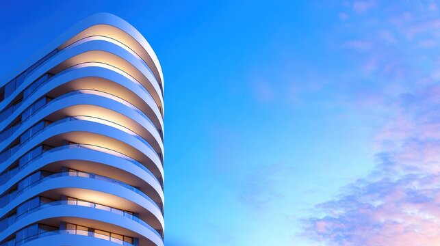 Elegance High end residential tower with sophisticated lighting and glass balconies.