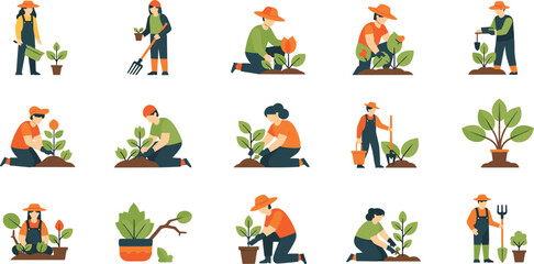 Fototapeta premium Set of flat design icons depicting people gardening and planting plants Keywords: gardening, planting, people, icons, flat