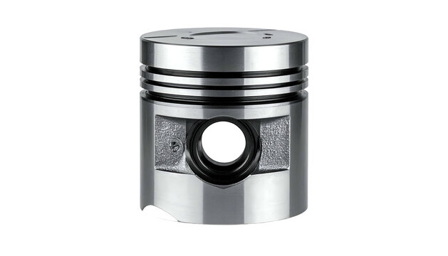 Isolated, metallic engine component showing a piston with ring grooves and wrist pin bore
